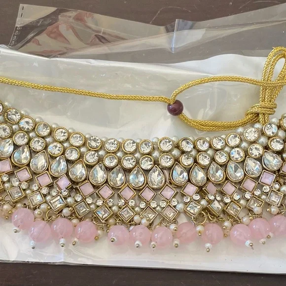 Indian Bollywood gold plated Kunda choker bridal necklace earrings jewelry set - Picture 4 of 5